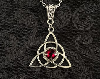 Ruby Red Garnet Engagement Irish Celtic Trinity Knot Triquetra Antiqued Silver Unity Pagan Triple Goddess Knotwork Necklace Choker Pendant