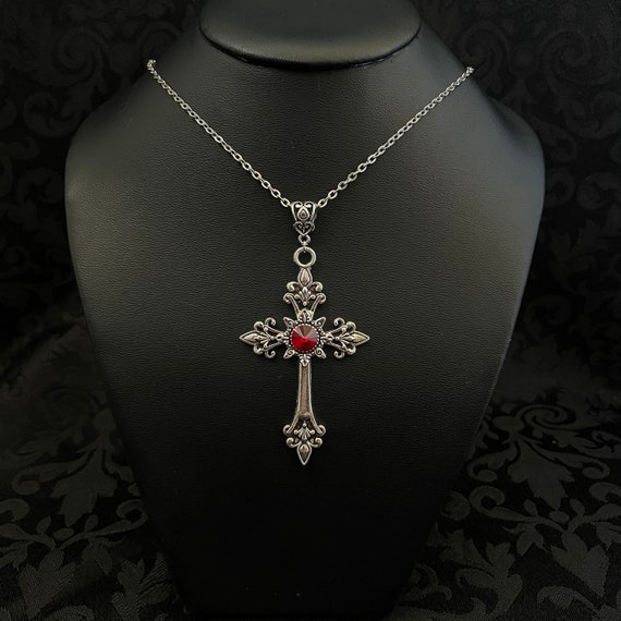 Dark Ruby Red Antiqued Silver Cross Crucifix Gothic Victorian