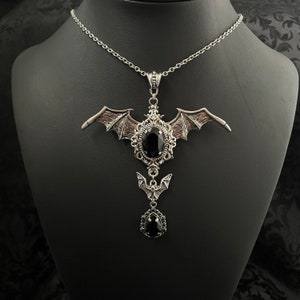Jet Black Onyx Filigree Antique Silver Vampire Winged Bat Queen Vampyre Undead Goth Gothic Victorian Necklace Choker Pendant image 4
