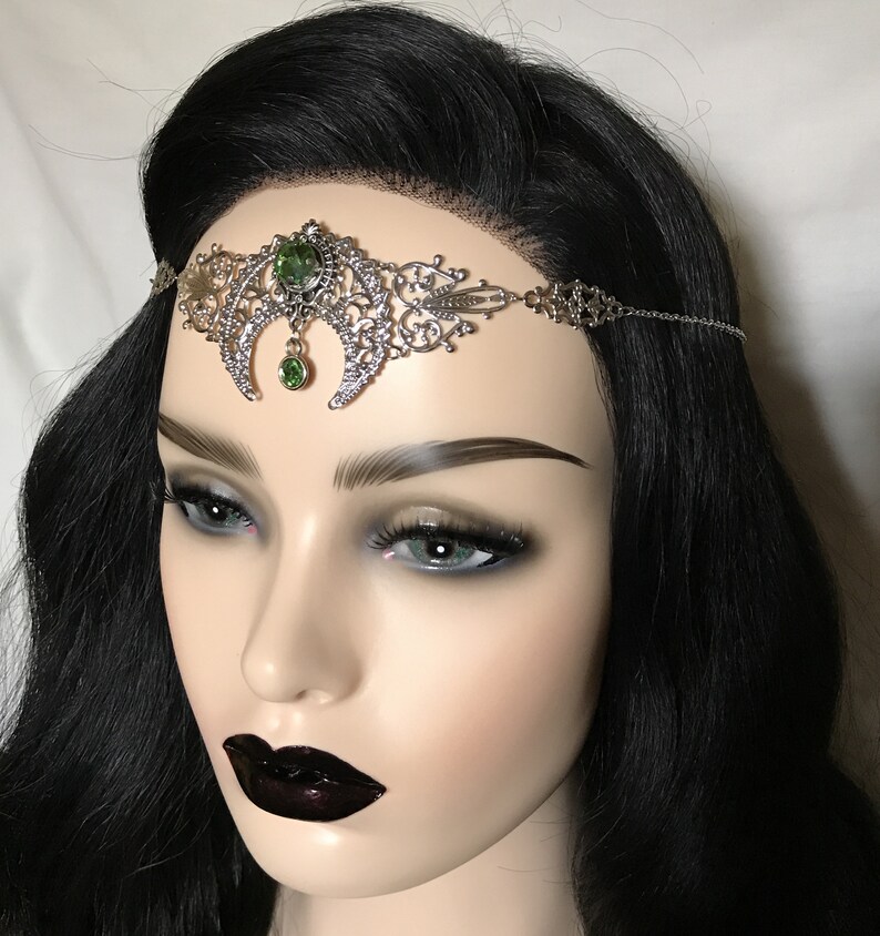 Light Peridot Green Crystal Silver Crescent Moon Priestess Art Nouveau Mucha Pagan Headpiece Headdress Circlet Crown Tiara Headband Goddess