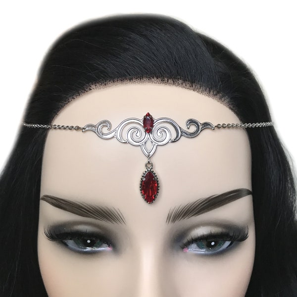 Bright Ruby Red Crystals Silver Celtic Flourish Elven Elf Elvish Art Nouveau Gothic Goth Headpiece Headdress Circlet Crown Tiara Headband