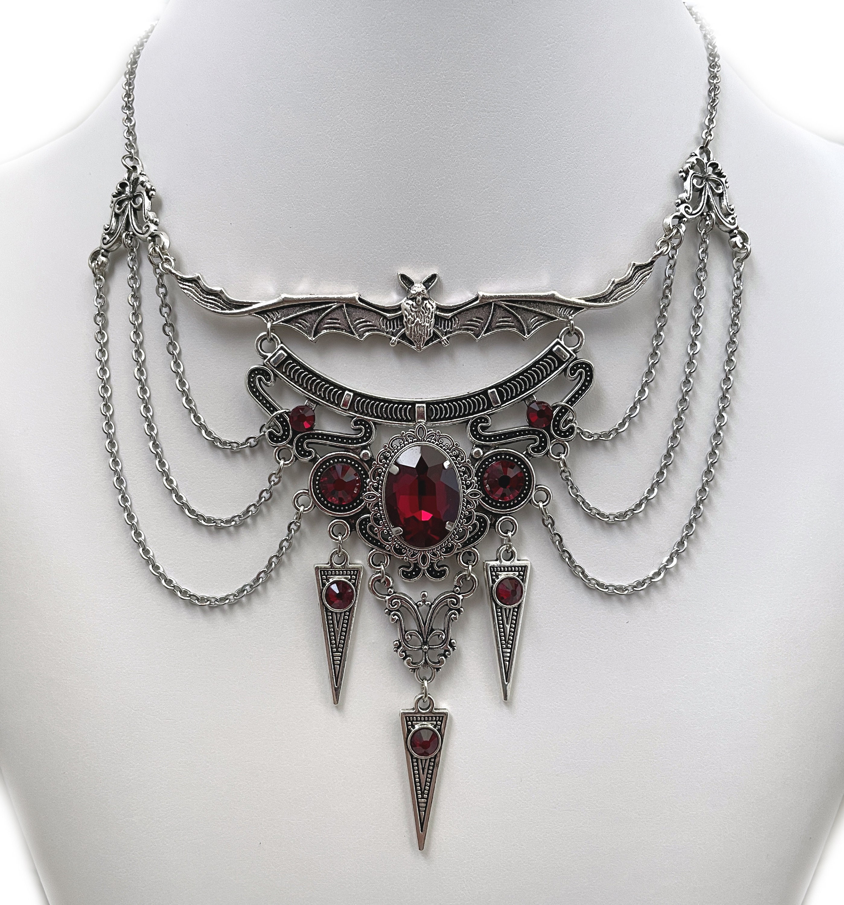 Dark Ruby Red/garnet Filigree Antique Silver Dracula Vampire