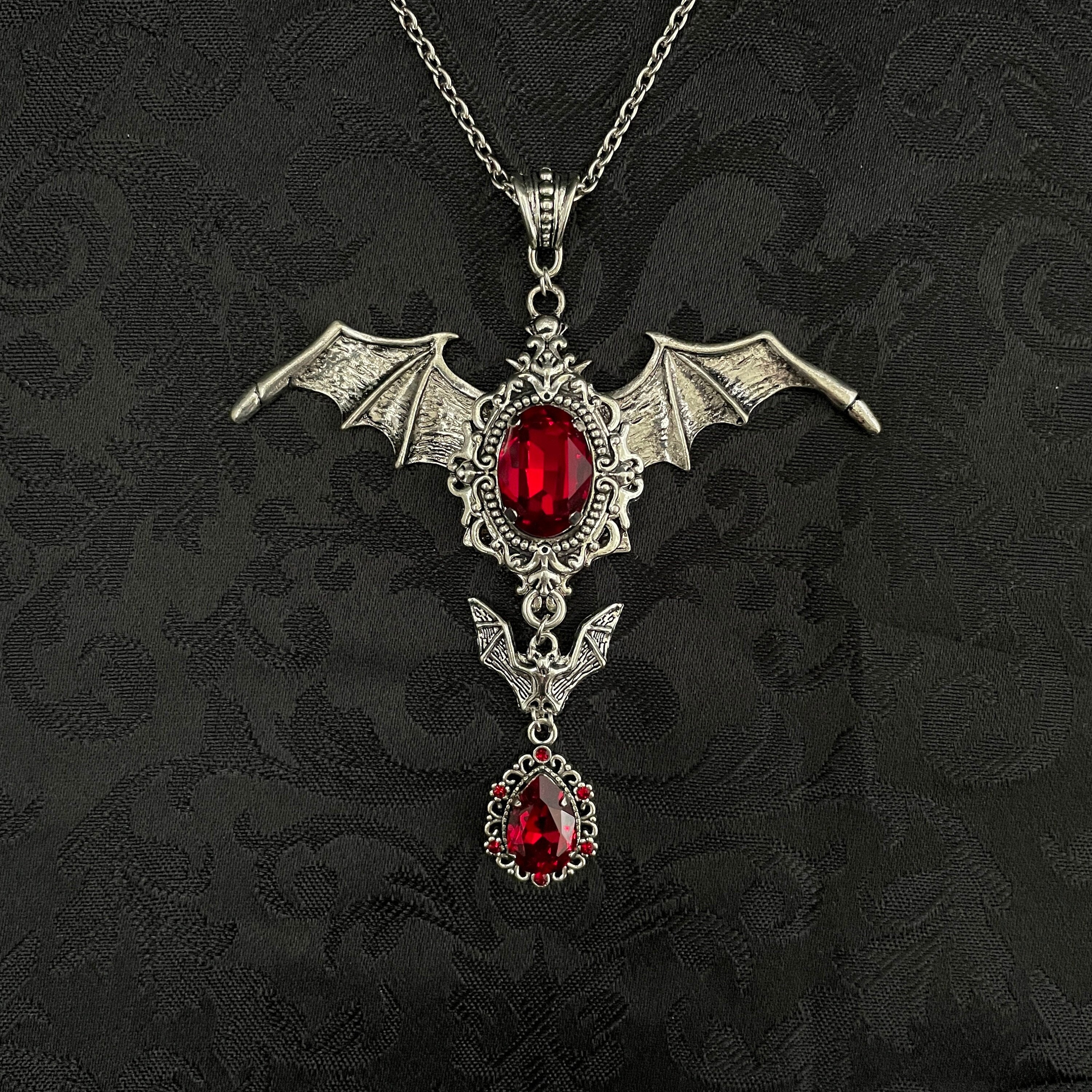Dark Ruby Red/garnet Filigree Antique Silver Vampire Winged Bat Queen ...