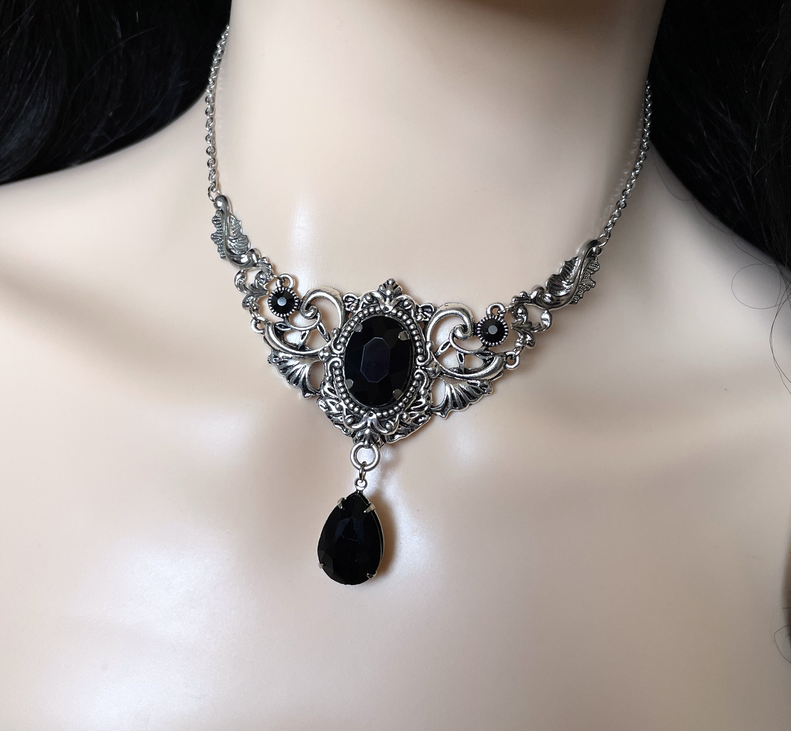 Jet Black Onyx Gothic Antique Silver Filigree Goth Victorian