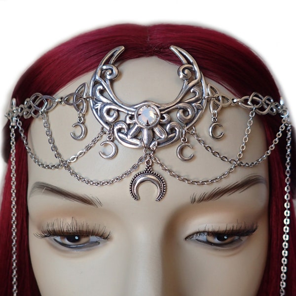 White Opal Crescent Moon Goddess Priestess Celtic Irish Knot Gothic Headpiece Headdress Circlet Crown Tiara Headband Bridal Wedding