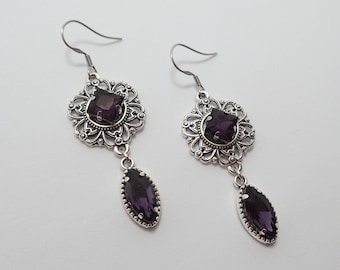 Dark Amethyst Purple Gothic Victorian Filigree Earrings Antiqued Silver Goth Medieval Edwardian Renaissance Bridal Wedding Bride Prom