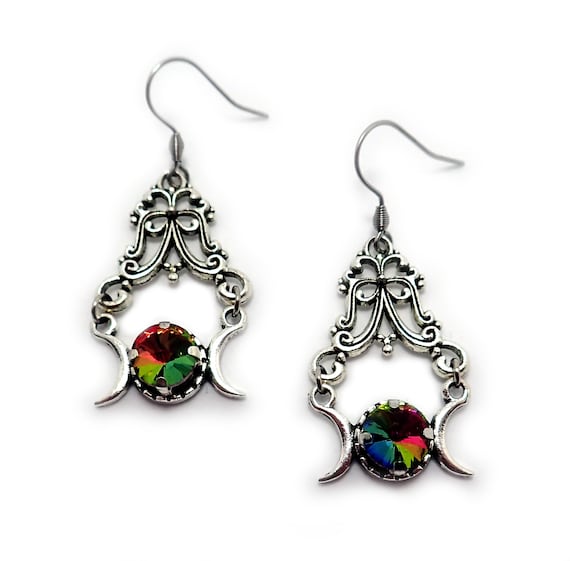 Rainbow Topaz Stones Triple Moon Goddess Crescent Celestial Priestess  Earrings Filigree Pagan Lunar Gothic Goth Victorian 