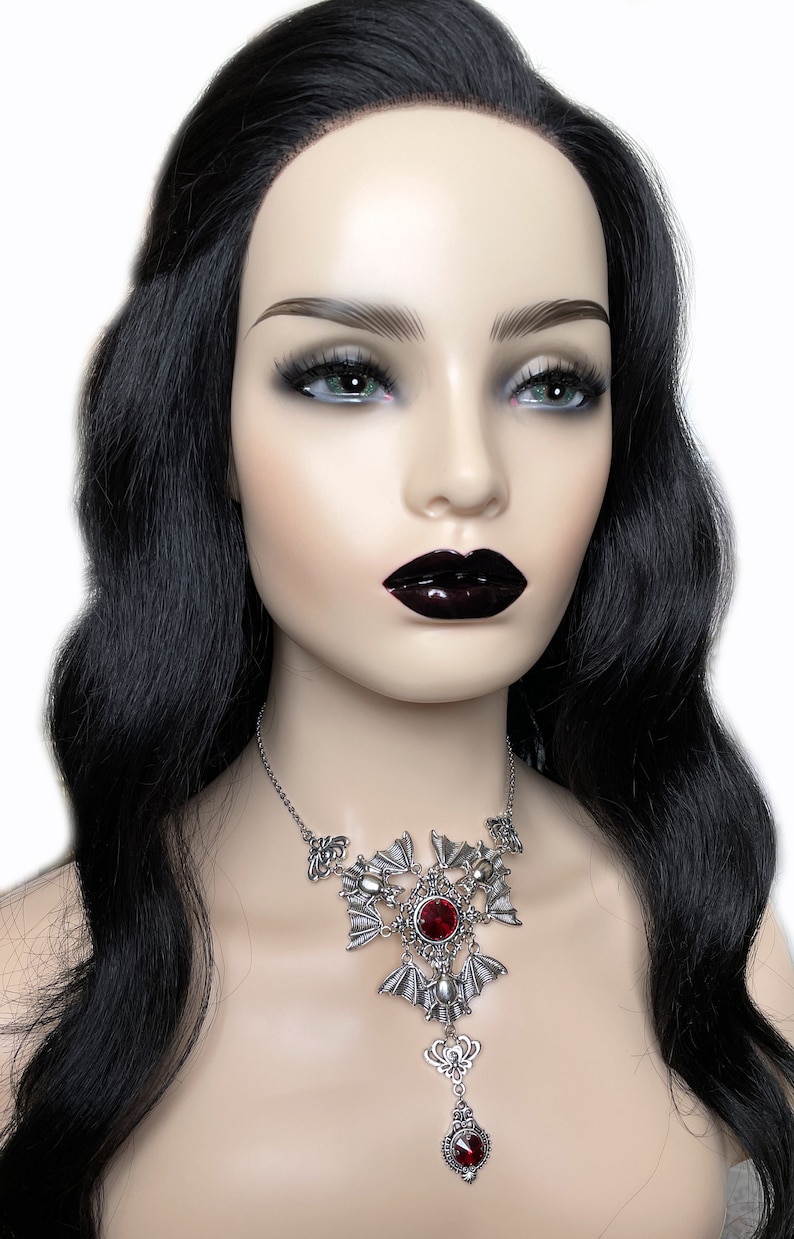 Dark Ruby RedGarnet Filigree Antique Silver Dracula Vampire Winged Bat Queen Vampyre Undead Goth Gothic Victorian Necklace Choker Pendant