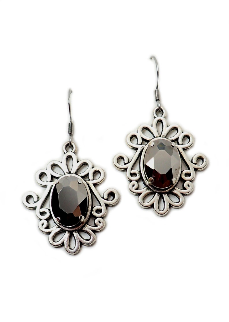 Hematite Gray Antiqued Silver Filigree Celtic Earrings Elven Elf Elvish Gothic Victorian Edwardian Bridal Wedding Bride Prom
