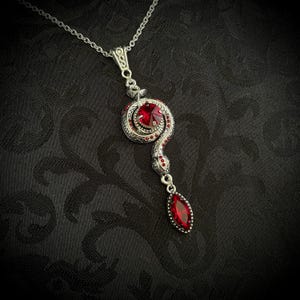 Dark Ruby Red/Garnet Serpentine Medusa Snake Greek Mythology Serpent Gorgon Victorian Slytherin Antique Silver Goth Pendant Necklace Choker