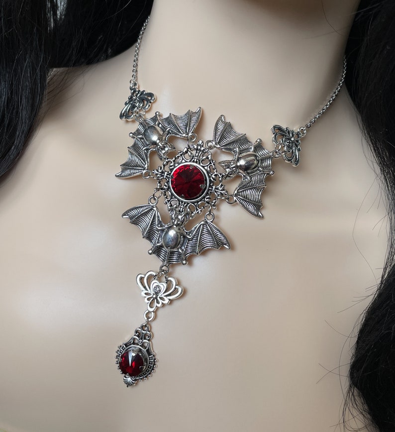 Dark Ruby RedGarnet Filigree Antique Silver Dracula Vampire Winged Bat Queen Vampyre Undead Goth Gothic Victorian Necklace Choker Pendant