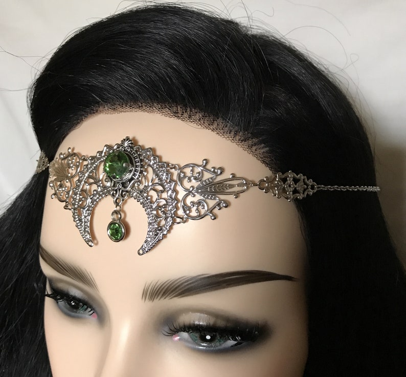 Light Peridot Green Crystal Silver Crescent Moon Priestess Art Nouveau Mucha Pagan Headpiece Headdress Circlet Crown Tiara Headband Goddess