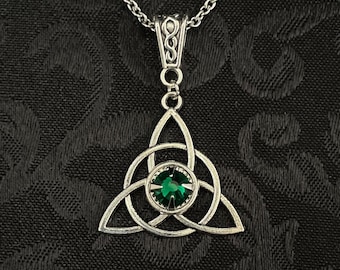Emerald Green Engagement Irish Celtic Trinity Knot Triquetra Antiqued Silver Unity Pagan Triple Goddess Knotwork Necklace Choker Pendant