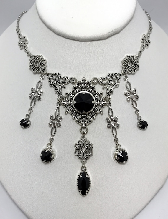 アクセサリー vintage onyx gothic silver necklace Black Onyx Silver Gothic Pendant Necklace, 925 Sterling
