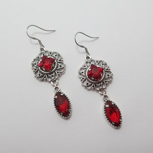 Ruby Red Stones Gothic Victorian Filigree Earrings Antiqued Silver Goth Medieval Edwardian Renaissance Bridal Wedding Bride Prom