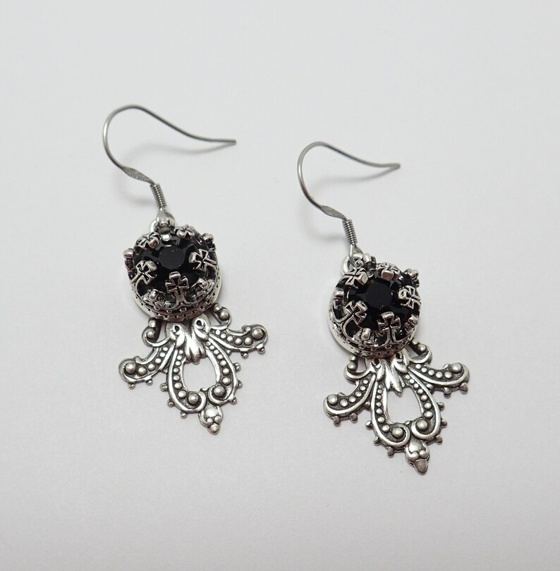 Jet Black Onyx Crystals Antiqued Silver Filigree Maltese CrossCrucifix Heraldic Crown Earrings Victorian Gothic Goth