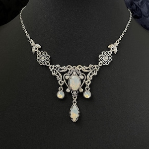 White Opal Filigree Antique Silver Victorian Necklace Choker Gothic Edwardian Flapper 1920&#39;s Vintage Style Bridal Bridesmaid Wedding