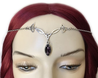 Dark Amethyst Purple Trinity Triquetra Knot Silver Headpiece Headdress Circlet Crown Tiara Headband Elven Elf Celtic Goddess Bridal Wedding