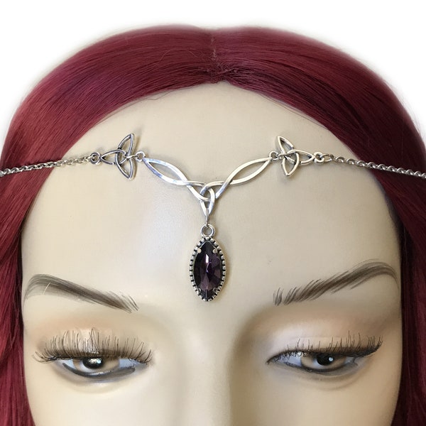 Dark Amethyst Purple Trinity Triquetra Knot Silver Headpiece Headdress Circlet Crown Tiara Headband Elven Elf Celtic Goddess Bridal Wedding