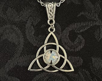 White Opal Engagement Irish Celtic Trinity Knot Triquetra Antiqued Silver Unity Pagan Triple Goddess Knotwork Necklace Choker Pendant