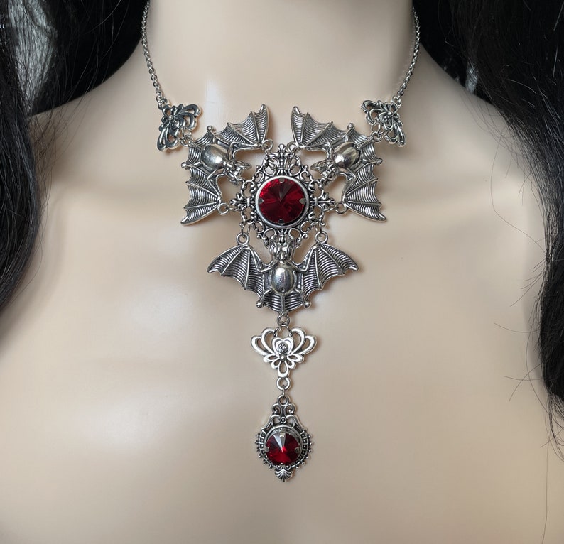 Dark Ruby RedGarnet Filigree Antique Silver Dracula Vampire Winged Bat Queen Vampyre Undead Goth Gothic Victorian Necklace Choker Pendant
