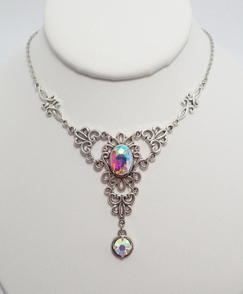 Crystal Clear AB Antiqued Silver Necklace Choker Filigree Elven Elf Elvish Celtic Victorian Edwardian Gothic Bridal Bride Wedding
