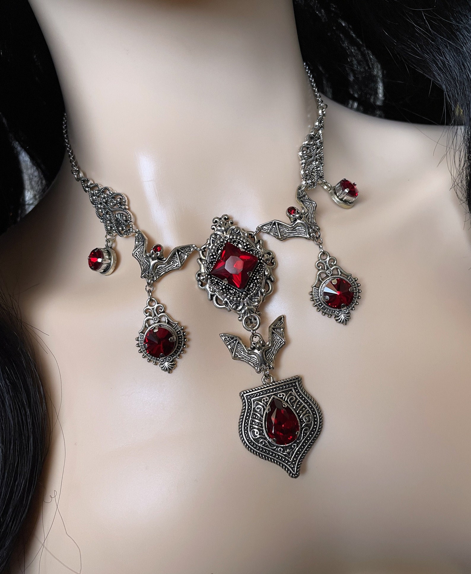 Dark Ruby Blood Red/garnet Filigree Antique Silver Vampire - Etsy