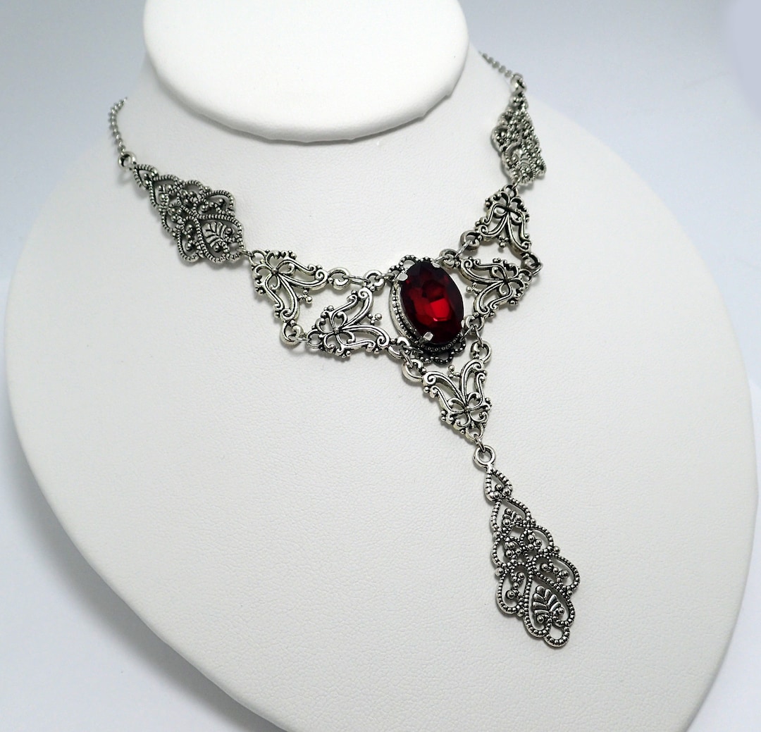 Ruby Red Stone Gothic Antiqued Silver Necklace Choker Filigree - Etsy
