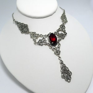 Ruby Red Stone Gothic Antiqued Silver Necklace Choker Filigree Victorian Edwardian Steampunk Goth Bridal Bride Wedding