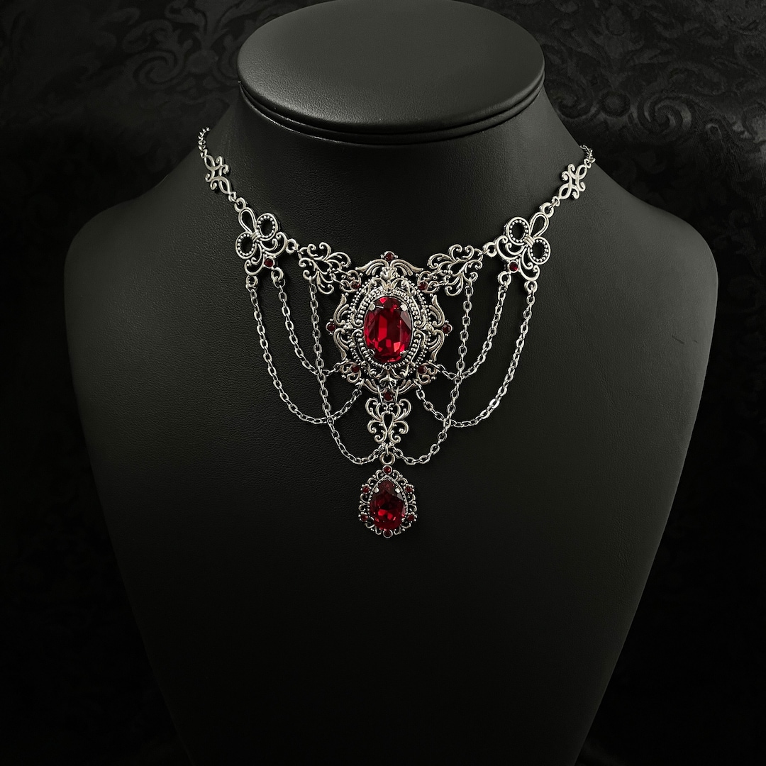 Dark Ruby Red garnet Gothic Antique Silver Filigree Victorian Wedding Bridal Necklace Choker Pendant Goth Vampire Queen Medieval Renaissance Etsy UK