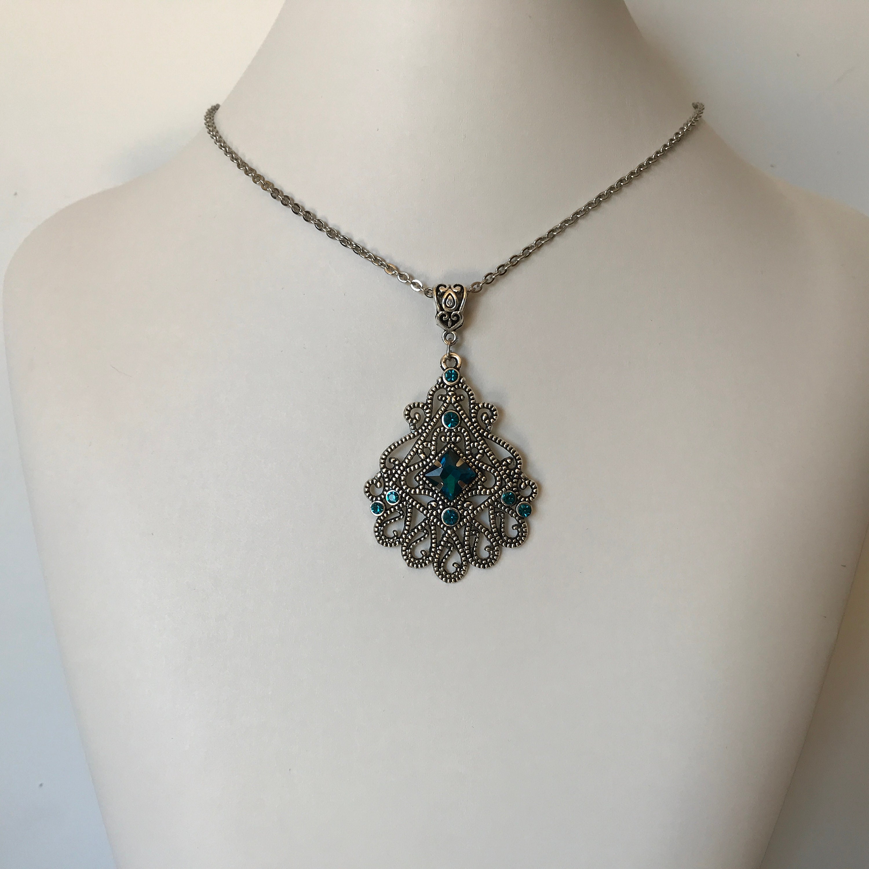 Dark Aqua/teal Filigree Antique Silver Victorian Necklace - Etsy