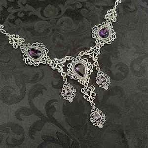 Dark Amethyst Purple Gothic Victorian Goth Celtic Filigree Scroll Antique Silver Necklace Choker Pendant Wedding Bridal Medieval Renaissance