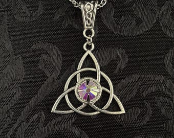 Crystal Clear AB  Engagement Irish Celtic Trinity Knot Triquetra Antiqued Silver Unity Pagan Triple Goddess Knotwork Necklace Choker Pendant