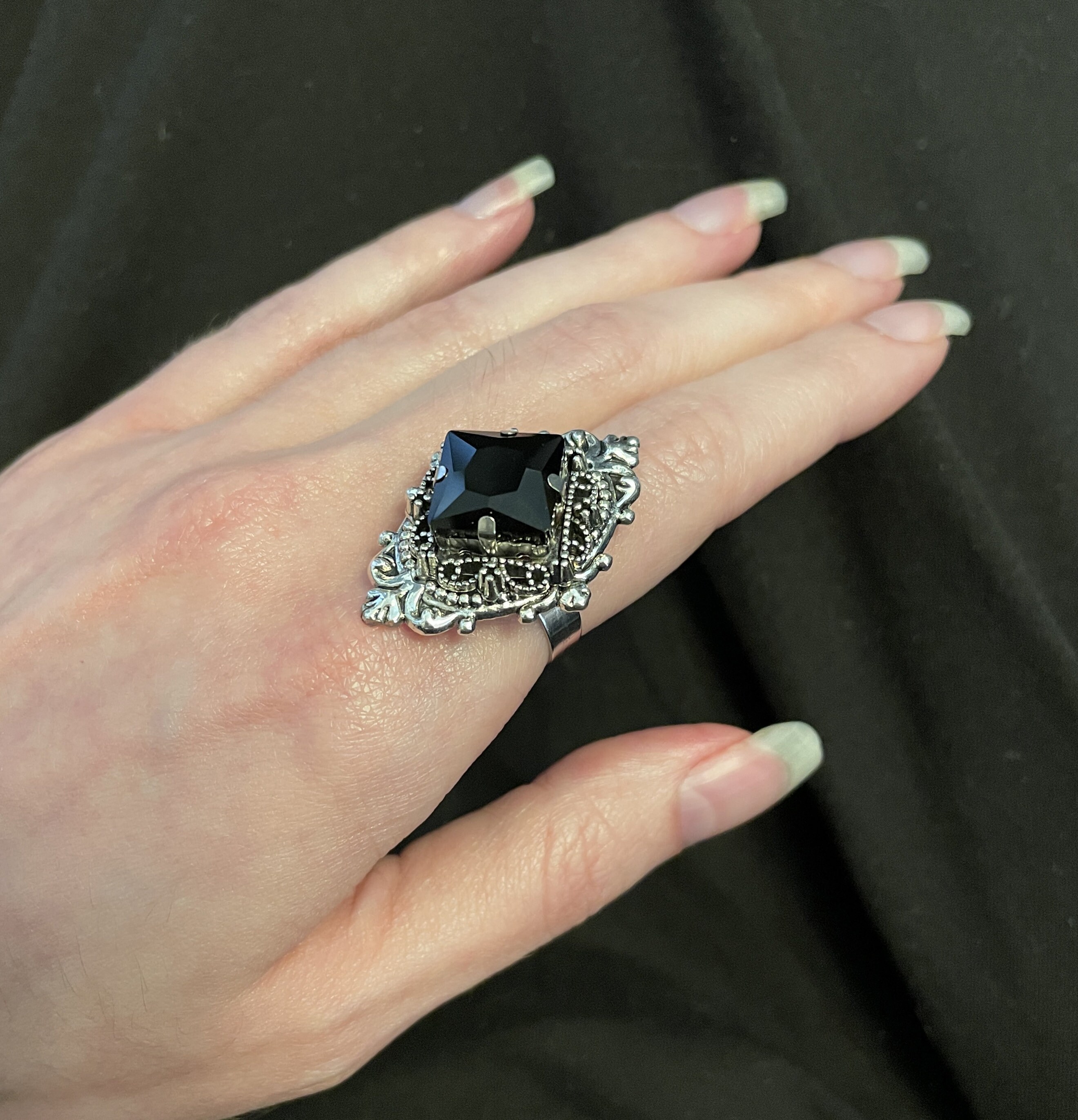 Jet Black Onyx Gothic Victorian Filigree Flapper 1920's