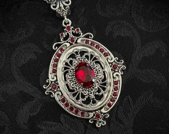 Dark Ruby Red/Garnet Art Nouveau Gothic Victorian Filigree Goth Steampunk Silver Necklace Choker Pendant Edwardian Bridal Bridesmaid Wedding