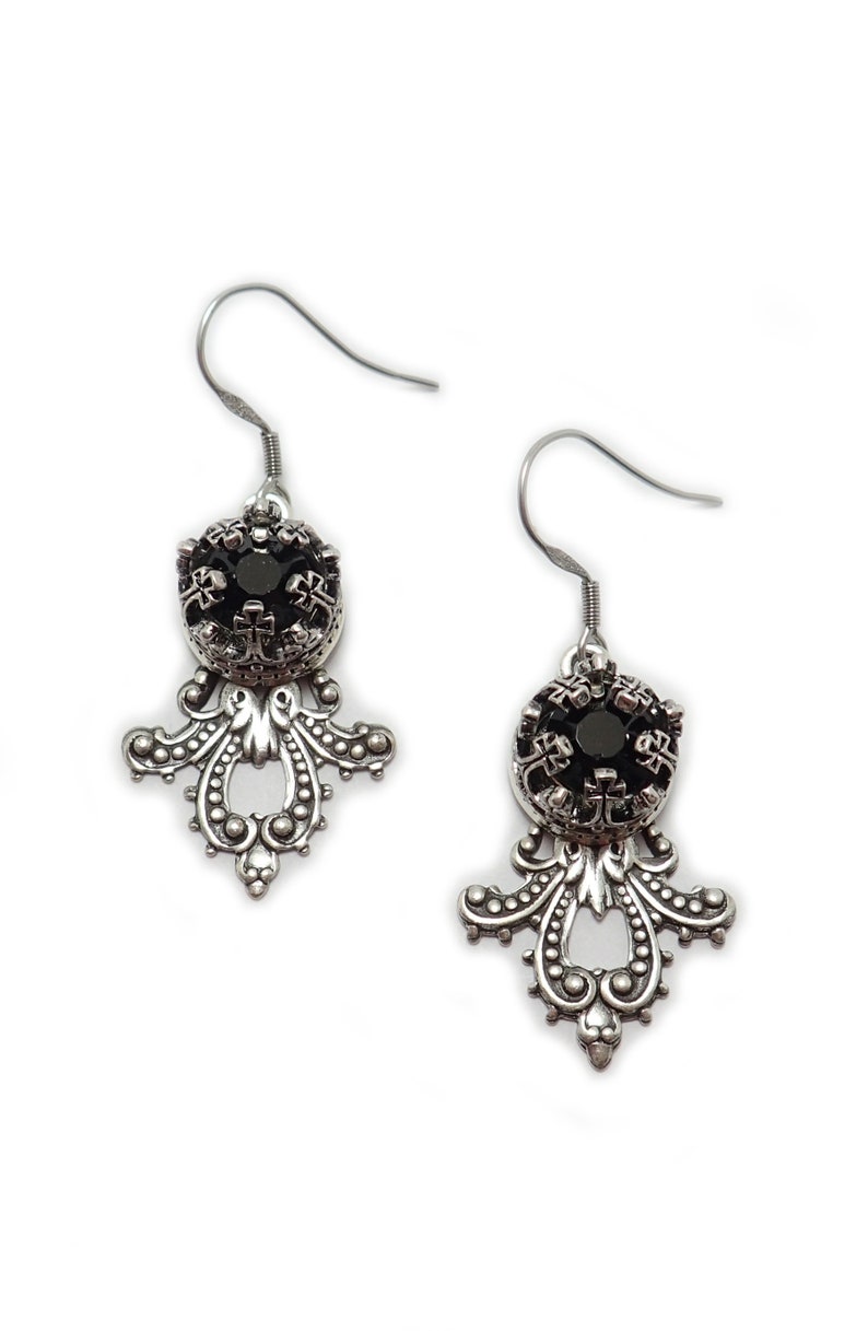 Jet Black Onyx Crystals Antiqued Silver Filigree Maltese CrossCrucifix Heraldic Crown Earrings Victorian Gothic Goth