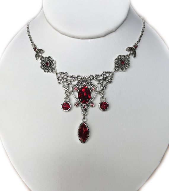 Dark Ruby Red/garnet Filigree Antique Silver Victorian Necklace