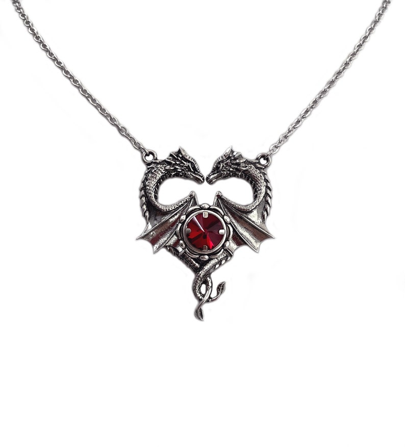 Garnet Dark Ruby Red Dragon Heart Kiss Wing Lovers Goddess Fantasy Viking Wedding Bridal Gothic Goth Antique Silver Necklace Choker Pendant