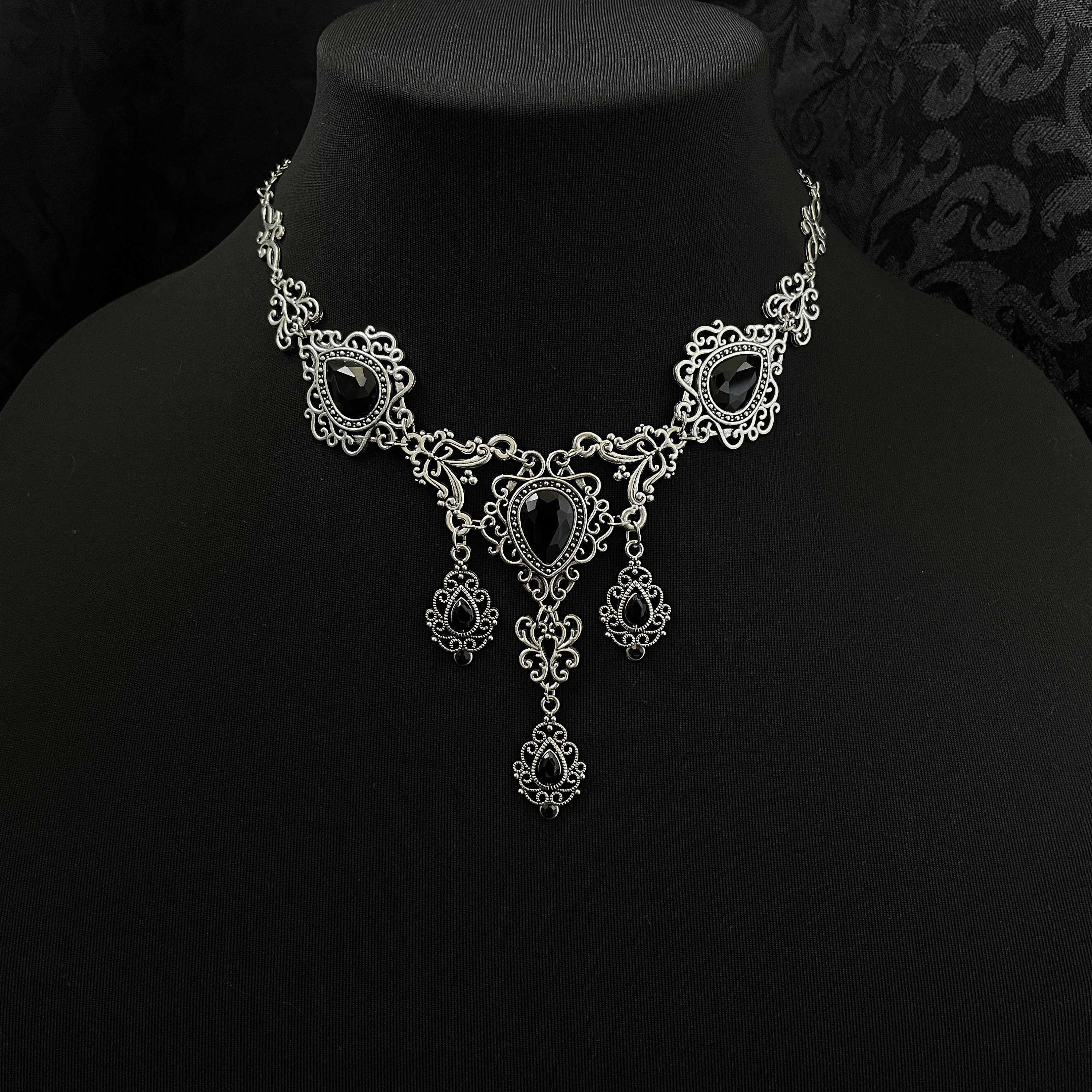 Jet Black Onyx Gothic Victorian Goth Celtic Filigree Scroll Antique Silver Necklace Choker Pendant Wedding Bridal Medieval Renaissance