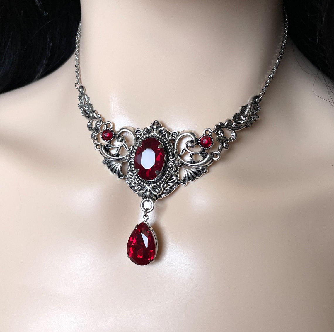 Dark Ruby Red/Garnet Gothic Antique Silver Filigree Victorian | Etsy