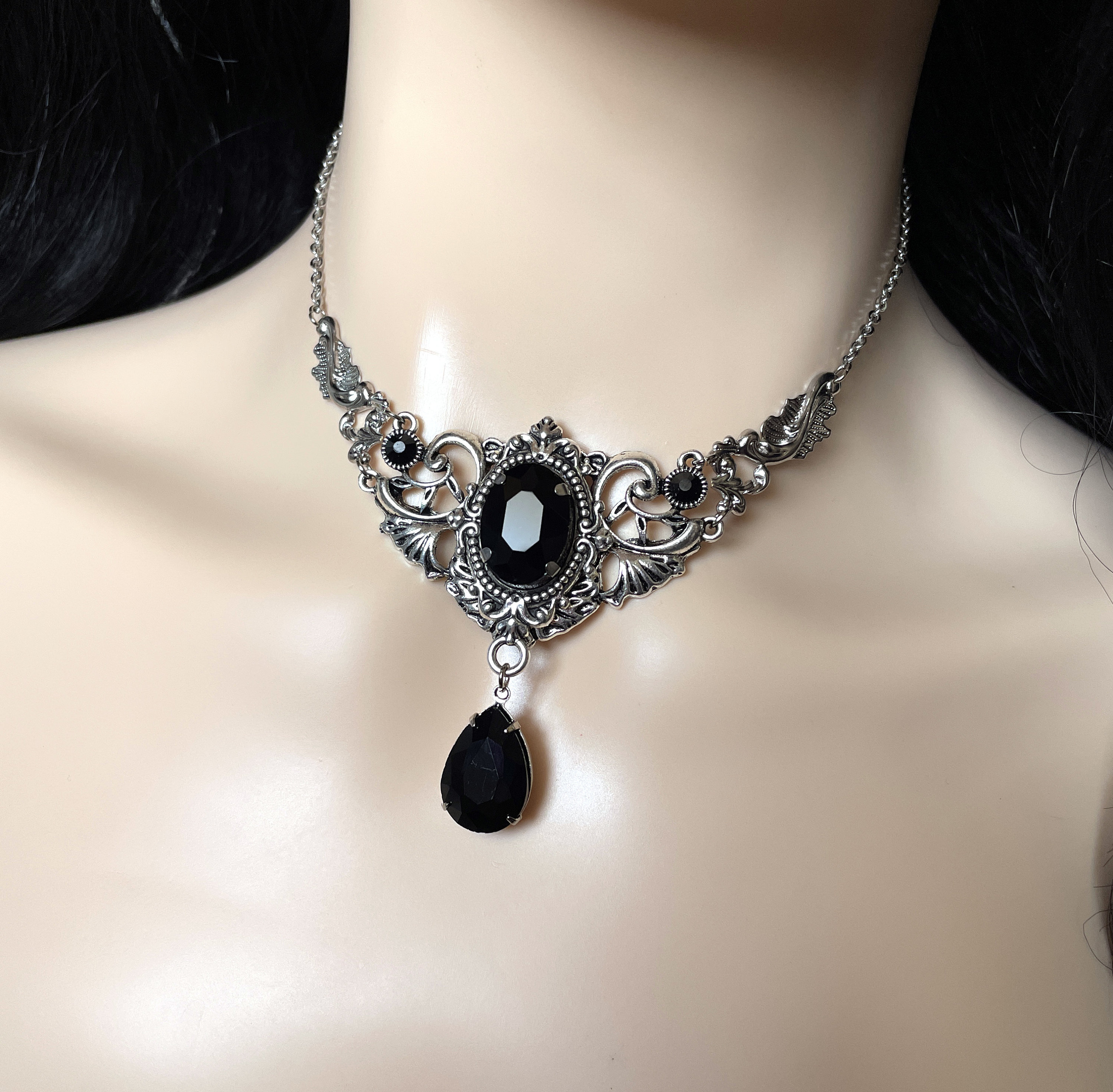 Jet Black Onyx Gothic Antique Silver Filigree Goth Victorian