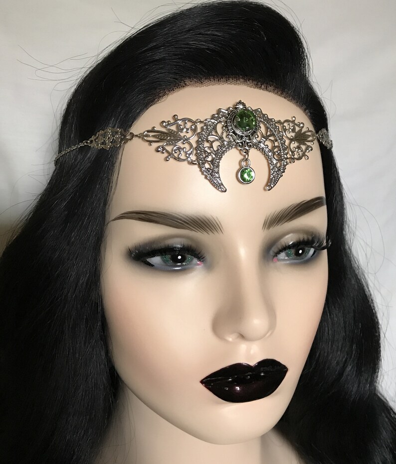 Light Peridot Green Crystal Silver Crescent Moon Priestess Art Nouveau Mucha Pagan Headpiece Headdress Circlet Crown Tiara Headband Goddess