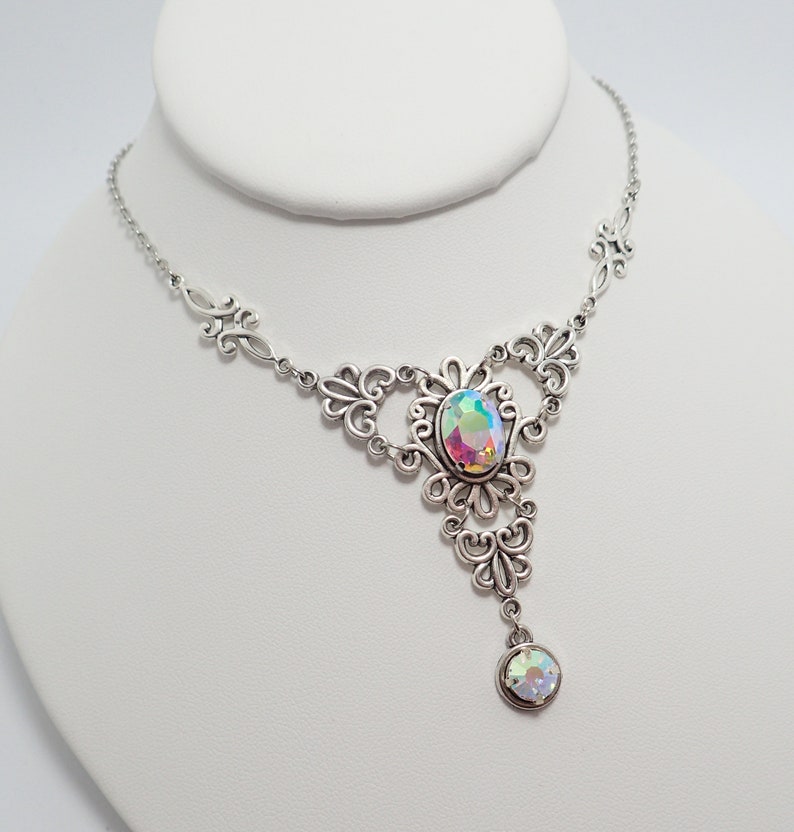 Crystal Clear AB Antiqued Silver Necklace Choker Filigree Elven Elf Elvish Celtic Victorian Edwardian Gothic Bridal Bride Wedding