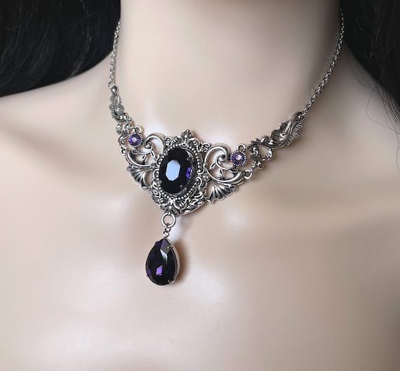 Goth Black Lace Purple Stone Pendant Choker Necklace for Women