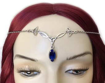 Dark Sapphire Blue Trinity Triquetra Knot Silver Headpiece Headdress Circlet Crown Tiara Headband Elven Elvish Celtic Goddess Bridal Wedding