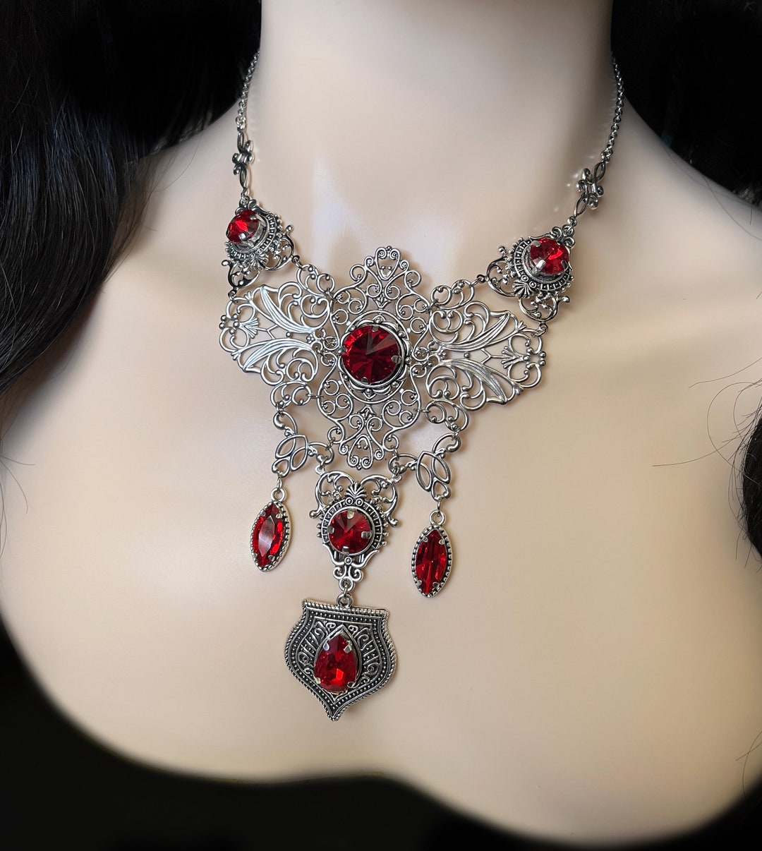 Bright Ruby Red Gothic Antique Silver Filigree Goth Victorian - Etsy
