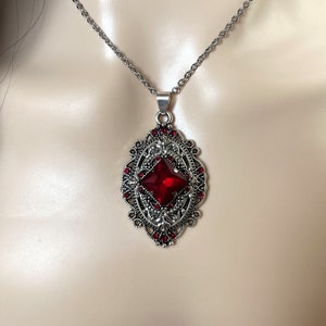 Dark Ruby Red/Garnet Filigree Flapper 1920 Style Antique Silver Victorian Necklace Choker Pendant Gothic Edwardian Bridal Bridesmaid Wedding image 3