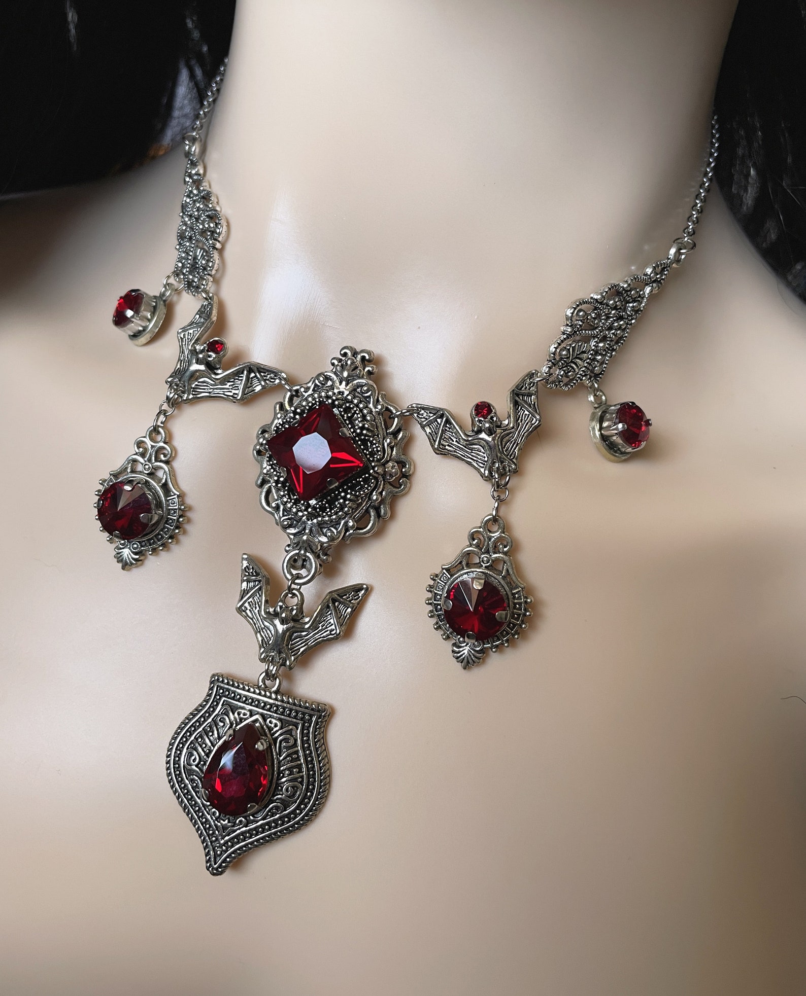 Dark Ruby Blood Red/garnet Filigree Antique Silver Vampire - Etsy