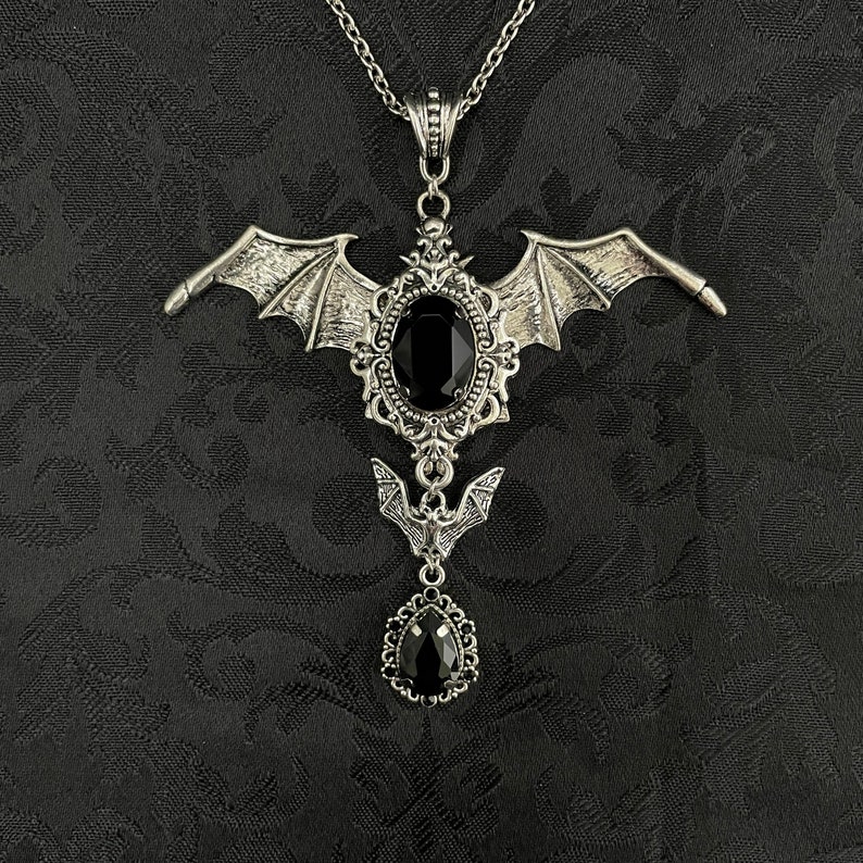 Jet Black Onyx Filigree Antique Silver Vampire Winged Bat Queen Vampyre Undead Goth Gothic Victorian Necklace Choker Pendant image 2