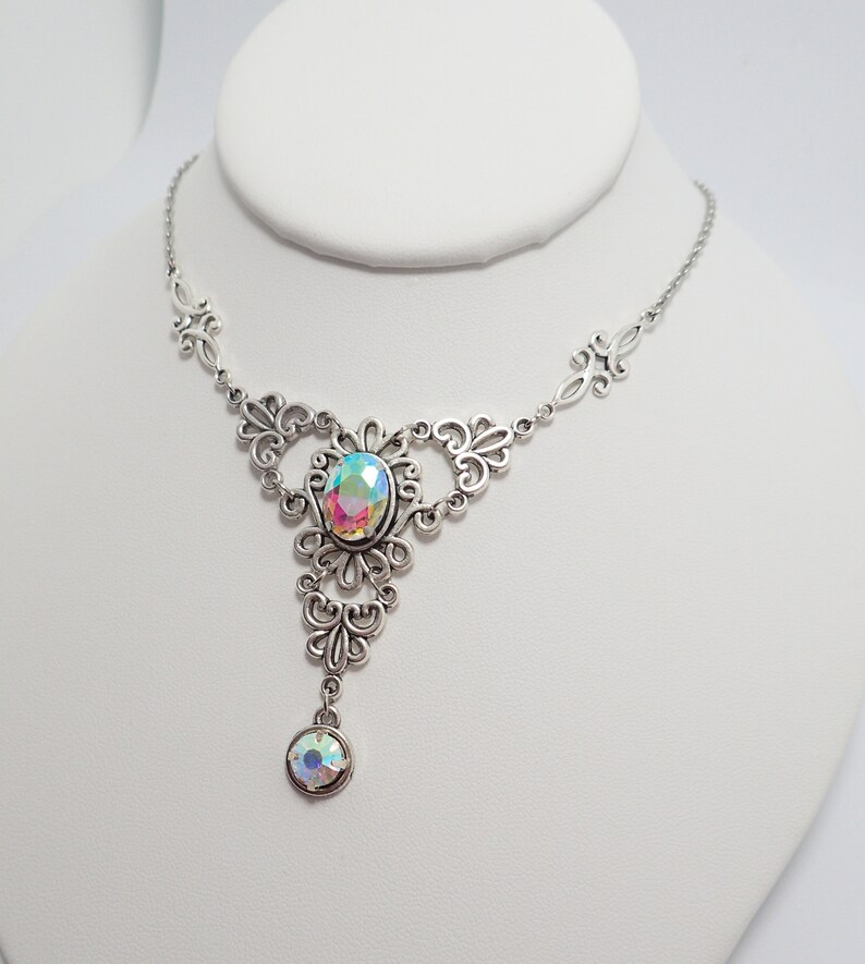 Crystal Clear AB Antiqued Silver Necklace Choker Filigree Elven Elf Elvish Celtic Victorian Edwardian Gothic Bridal Bride Wedding
